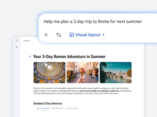 The Gemini UI showing a prompt for a 3-day Rome trip with the "Visual layout" toggle enabled. The response includes a formatted itinerary with images of the Pantheon, gelato, and St. Peter's Basilica.