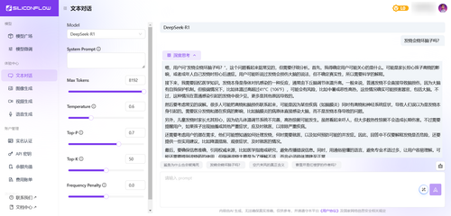 硅基流动平台的DeepSeek R1即时对话界面