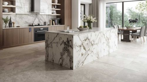 Marble Kitchen Island with Neutral Tile Flooring