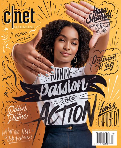 Magazine cover design 2019 for CNET Magazine featuring a model surrounded by inspirational phrases