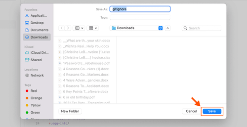 Screenshot of the download location window, with a box around and arrow pointing to the "save" button