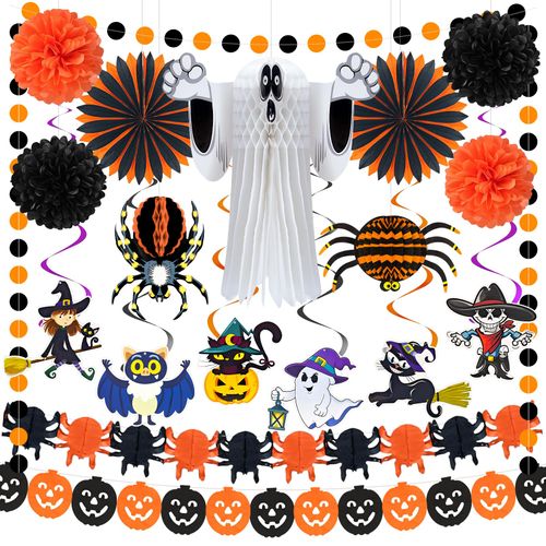 Halloween Office Decorations Indoor Kit - garland, Paper Fans, Bats Pumpkin Banner, Paper Pom Poms, Spider Ghost Hanging S...