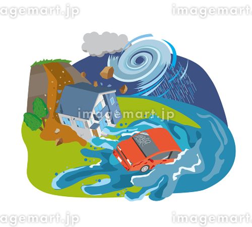 土砂災害と水害のイメージイラスト ハザードマップ,浸水想定区域,土砂崩れのイラスト素材