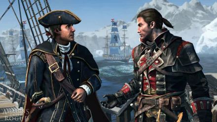 Two characters from Assassin's Creed: Rogue engage in conversation aboard a ship, with icy mountains and another vessel in the background, set against a high-definition gaming aesthetic.