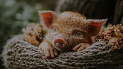 A sleepy piglet nestled in a warm embrace, dynamic background Generative AI. Sleepy pig illustrations