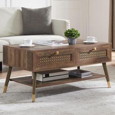 Mid Century Modern Coffee Table with Storage Drawers & Open Shelf, Solid Wooden Boho Rectangle Table with Metal Legs Designed for Living Room, Office, Lounge. Rustic Oak Color with Golden Decor