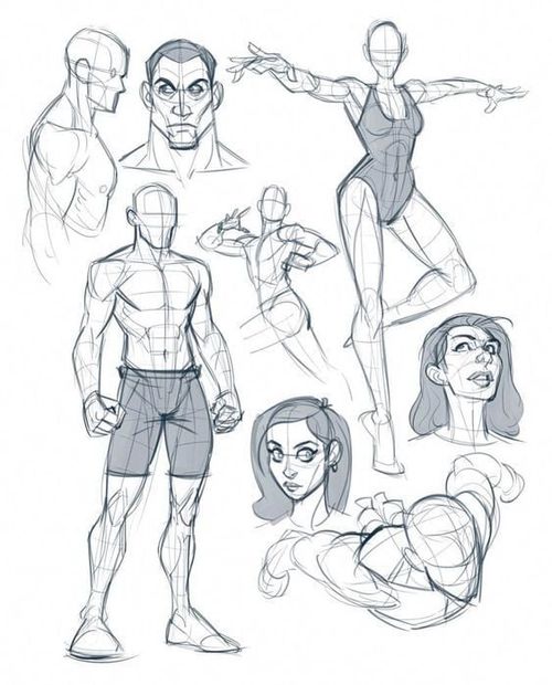 Sketches of human figures in various poses, featuring both male and female characters, with some head and body studies.