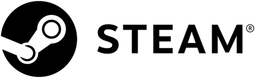 A white circle on a black background, with iconography of mechanical gears and arms between them within the white circle, and the text "STEAM®" to the right