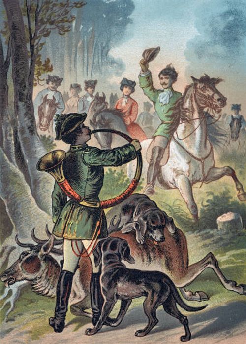 man with dogs blows for hunting - fox hunt stock illustrations