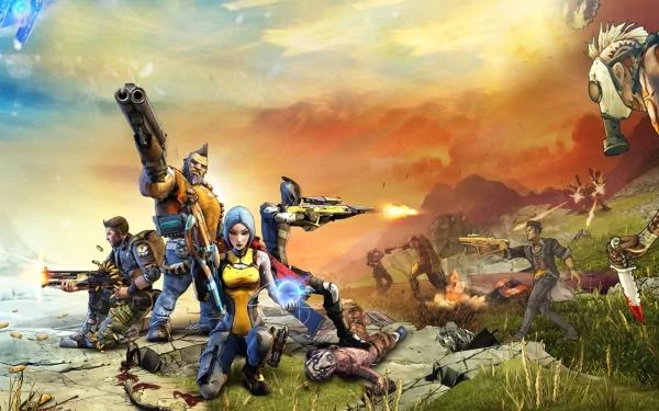 An HD wallpaper of the video game Borderlands 2, featuring several characters in a dynamic, action-packed scene set against a vibrant, dramatic background.