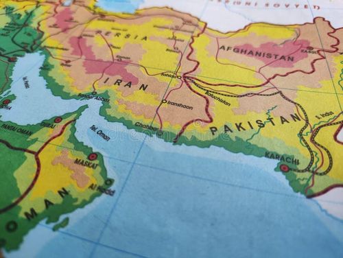 Closeup of Iran and Pakistan country map and major cities around it on physical map. Pakistan iran map stock images, royalty-free photos and pictures