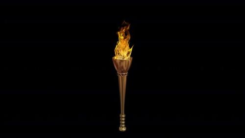 Golden Fire Torch - Burning Loop - High Angle - Realistic 3D animation loop with alpha channel isolated on transparent background