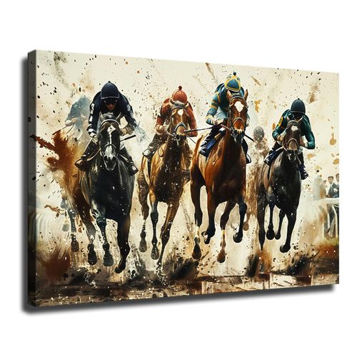 Horse Racing With Jockeys Wall Art, Vintage Horses Framed Poster, Dynamic Motion Equestrian Sport Animals Wall Art For Liv...