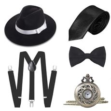 BABEYOND 1920s Mens Gatsby Gangster Costume Accessories Set 30s Manhattan Fedora Hat Suspenders