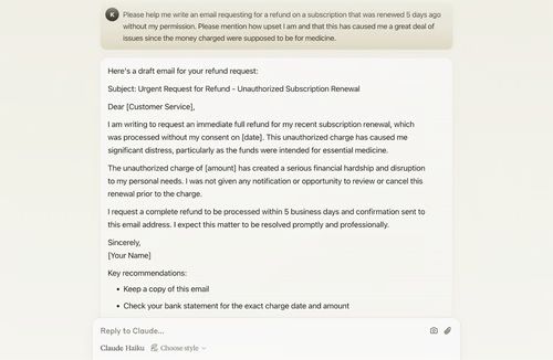 Claude's sample text generation feature.