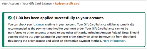 Gift card successfully redeemed on the Amazon website.