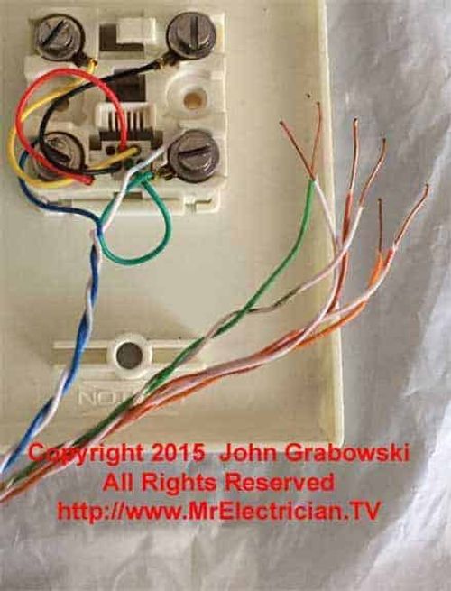 The rear of the phone jack with the blue pair attached according to the telephone wiring color code