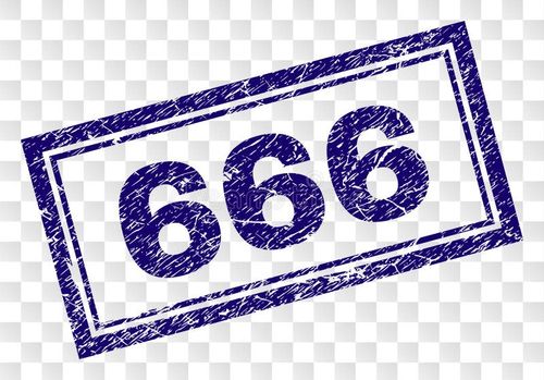 666 stamp seal watermark with rubber print style and double framed rectangle shape. Stamp is placed on a transparent background. Blue vector rubber print of 666 label with scratched texture. 666 vectors