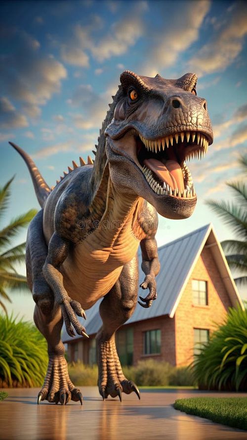Ceratosaurus dinosaur walks house. photo. 4K Portrait front view 8K. HD Image Background. Hd dinosaur images illustrations