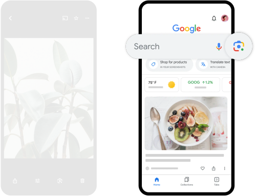 Two mobile devices, one faded and the other showing the Google App home screen with a highlighted QSB with another highlight of the camera icon.