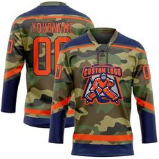 Personalized Camouflage Ice Hockey Jersey Men Women Youth, Stitched Name Number Hockey Team Practice Shirt, Design Lace-Up Neck Long Sleeve Sports Uniform with Navy Blue Orange Stripes