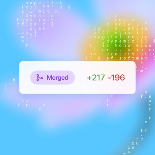 抽象蓝色渐变背景，散落着白色代码片段；中央白色圆形方框内有紫色合并图标及 “Merged” 标签，旁边标注绿色“+217”与红色“-196”代码行数变更统计。