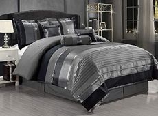 GrandLinen - 7-Piece King Size Chenille/Woven Jacquard Bedding Grey/Gray Silver Stripe Overize Comforter Set Bed in a Bag
