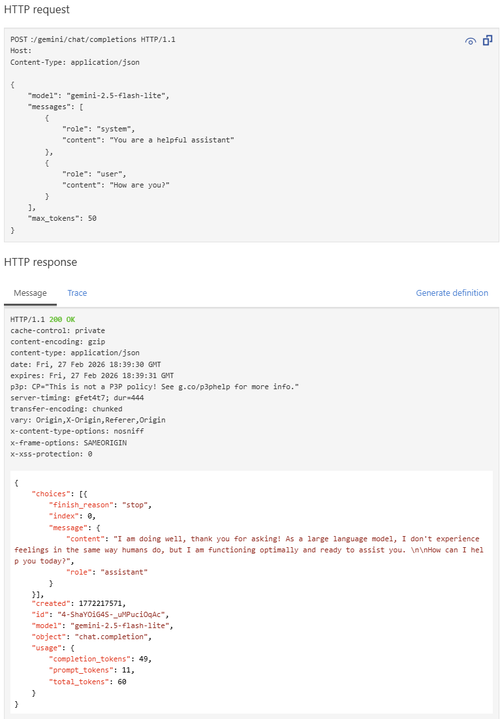 在门户中测试 Gemini LLM API 的屏幕截图。