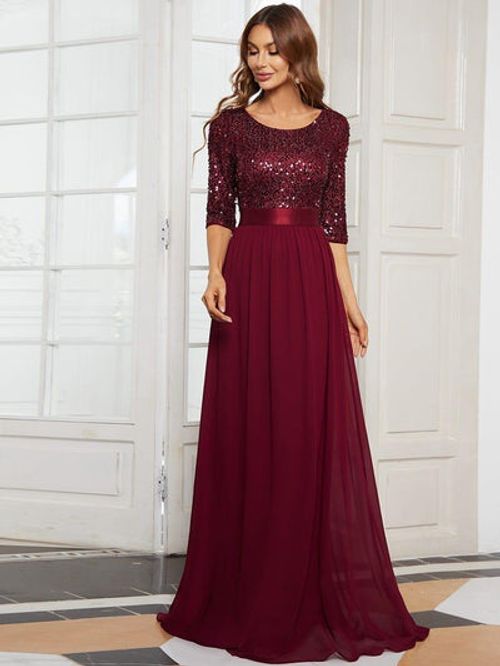 Elegant Round Neckline 3/4 Sleeve Sequins Patchwork Evening Dress #color_Burgundy