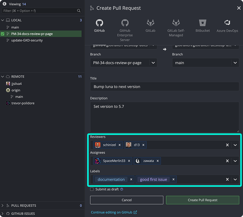 GitKraken Desktop pull request creation screen showing fields for assigning reviewers, assignees, and labels. Two reviewers, two assignees, and two labels are selected.