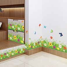 AM AMAONM Amaom® Removable Beautiful Green Sunflower Flowers Grass with Flying Butterfly Wall Decals Murals Home Art Decor Peel Stick Wall Stickers for Wall Corner Kids Room