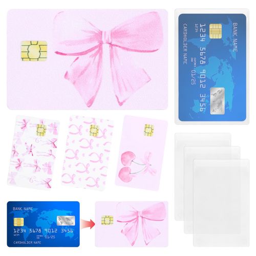Credit Card Skin Stickers, 4Pcs Cute Debit Card Sticker with Cover, Pink Bow Cherry Removable Waterproof Decal Cover Set f...