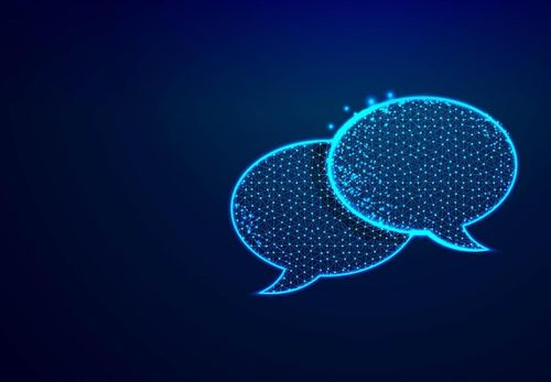 Free Vector dialogue chat clouds speech bubble icon from lines triangles and particle style design low poly technology devices people communication concept on blue background