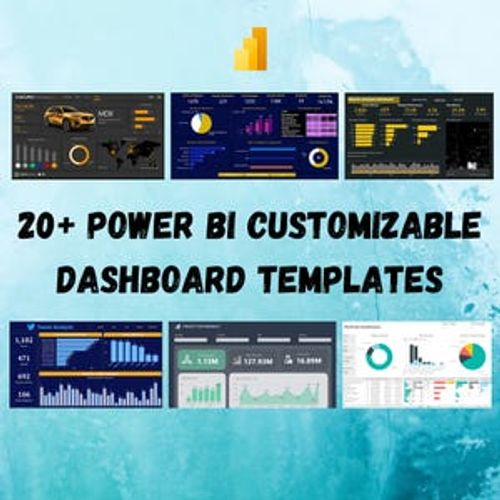 May include: Image features multiple Power BI dashboard templates with data visualizations. The dashboards display charts, graphs, and numerical data, with a focus on business analytics and data analysis. Text overlay reads "20+ Power BI Customizable Dashboard Templates."