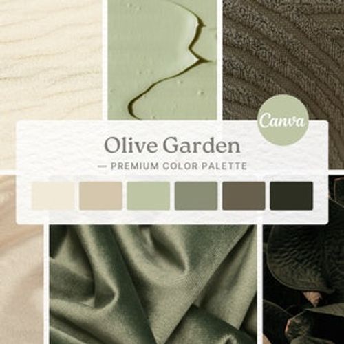 May include: A colour palette titled "Olive Garden - Premium Colour Palette" showcasing a range of green, beige and brown hues. The palette is presented against a textured backdrop with images of various materials and textures.