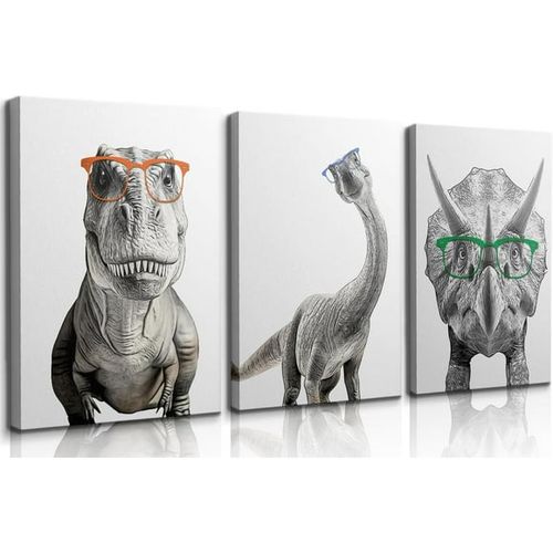 3 Pcs Dinosaur Nursery Wall Art Baby Dinosaur Posters Prints Trex poster Pictures Triceratops poster Wall Decor Tyrannosaurus Rex Apatosaurus Printing for boys bedroom Ready to Hang(in Canvas)