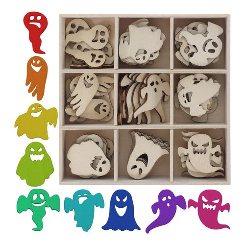 HEALLILY 72pcs Wooden Halloween Cutouts Ghost Shapes Wooden Slices Hanging Ornaments Embellishments