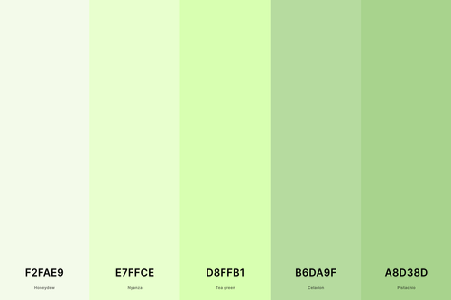 12. Pastel Green Color Palette Color Palette with Honeydew (Hex #F2FAE9) + Nyanza (Hex #E7FFCE) + Tea Green (Hex #D8FFB1) + Celadon (Hex #B6DA9F) + Pistachio (Hex #A8D38D) Color Palette with Hex Codes