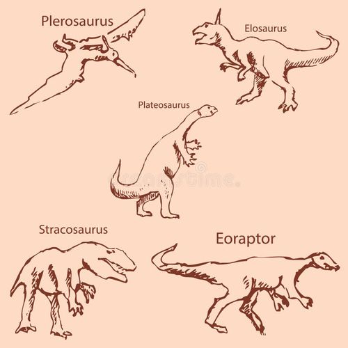Dinosaurs with names. Pencil sketch by hand. Vintage colors. Vector image. Dinosaurs names vectors