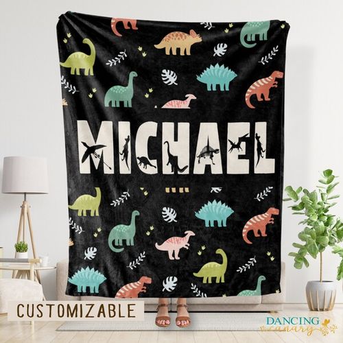 Kids Dinosaur Blanket Personalized Name Boy Girl Son Daughter Christmas Birthday Custom Gift Cute Animals Toddler Baby Throw Blanket