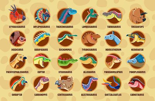Prehistoric dinosaurs names and Jurassic lizards Prehistoric dinosaurs with names and Jurassic lizards or reptiles for infographics, cartoon vector. Jurassic era dinosaurs with species names of lizards and underwater reptiles for kids encyclopedia dinosaur names stock illustrations
