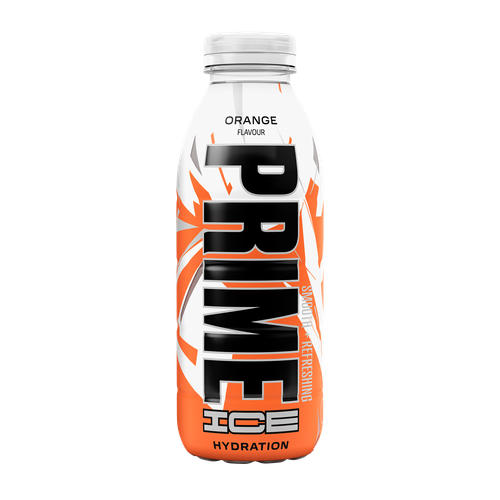 The front view of a smooth-and-refreshing bottle of Orange PRIME ICE Hydration.