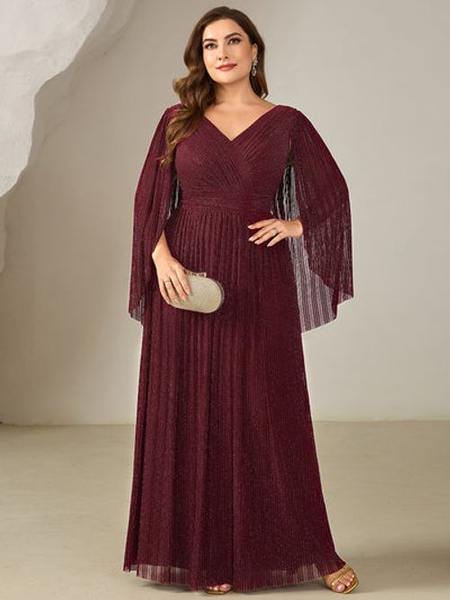 Plus Size Glittery Empire Waist Batwing Sleeve Evening Dress #color_Burgundy