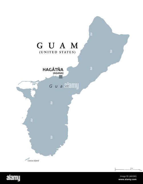 Guam political map with capital Hagatna, also known as Agana. Unincorporated and oganized territory of United States in western Pacific Ocean. - Stock Image