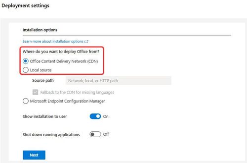 Installation options in Office Deployment settingsInstallation options in Office Deployment settings