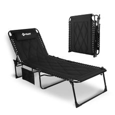 VILLEY Oversized Padded Chaise Lounge with Cushion, Foldable Camping Cot, Patio Reclining Lounge Chairs, Folding Sleeping Bed for Outdoor, Indoor, Backyard, Garden, Camping, Relaxing, Beach Tanning