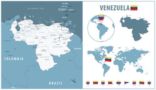 Venezuela - Detailed Map with Regions and Cities. Set of Flags, Globe, Country Outline, Country Location on World Map. Venezuela - Detailed Map with Regions and Cities. Set of Flags, Globe, Country Outline, Country Location on World Map. venezuela map stock illustrations