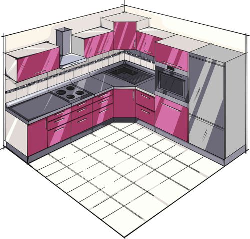 a drawing of a kitchen with pink cabinets