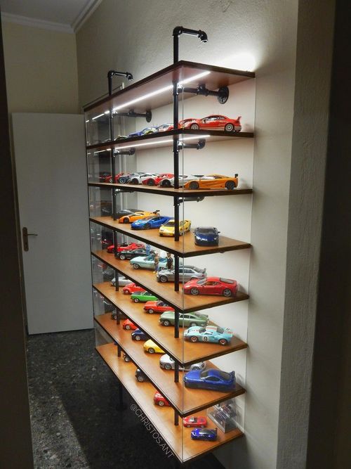 Pipe shelving unit with acrylic sheets and hidden led strips as a 1/18 model car display, 1/2" inch pipes, plywood, model car collection, hidden led strips