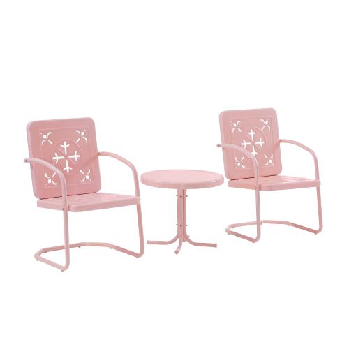 Crosley Furniture Azalea 3-Piece Vintage Outdoor Chair and Side Table Set, Retro Metal Patio Conversation Sets, Pastel Pin...